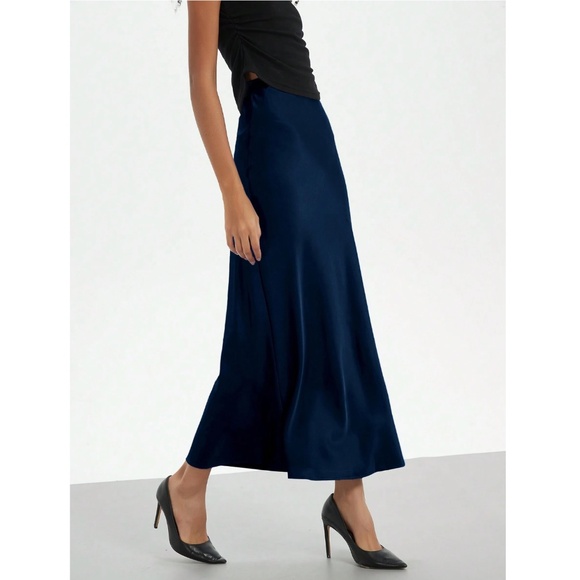 Navy Blue Satin A-Line Skirt High Waisted Long - Picture 6 of 9